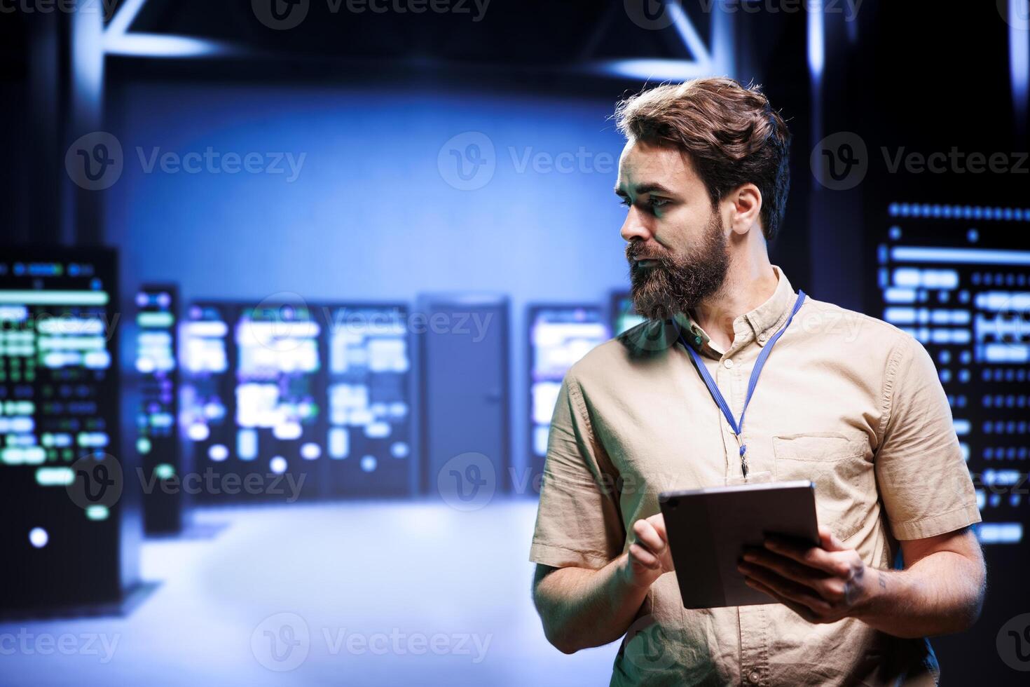 Manager in high tech facility looking at server rigs used for computationally intensive tasks such as molecular modeling or physical simulations. Expert doing annual equipment maintenance photo
