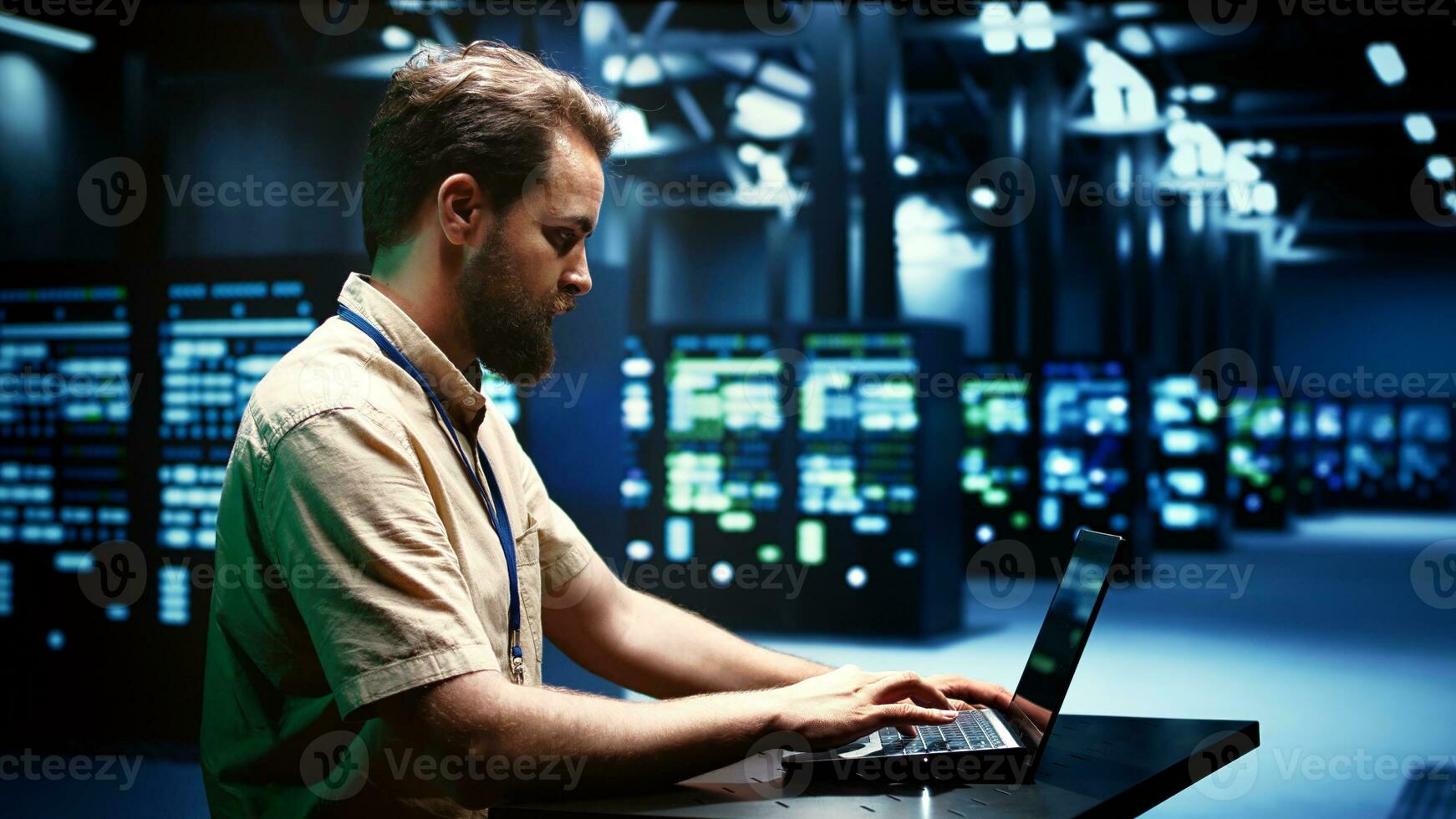 Developer running server rigs diagnostic tests and error checking utilities to identify and resolve software problems. Programmer closely monitoring critical systems, checking for any potential issues photo