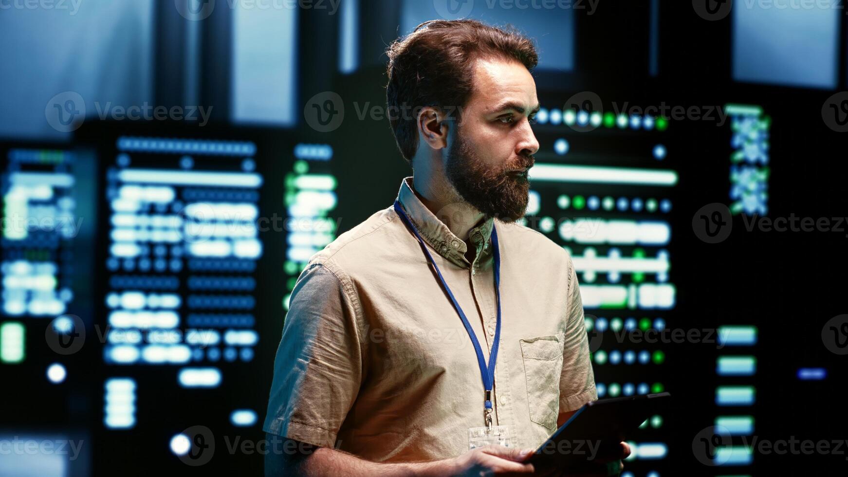 Engineer doing maintenance in server room providing secure, scalable, and reliable infrastructure for storing, processing, and analyzing large amounts of data generated by AI applications photo