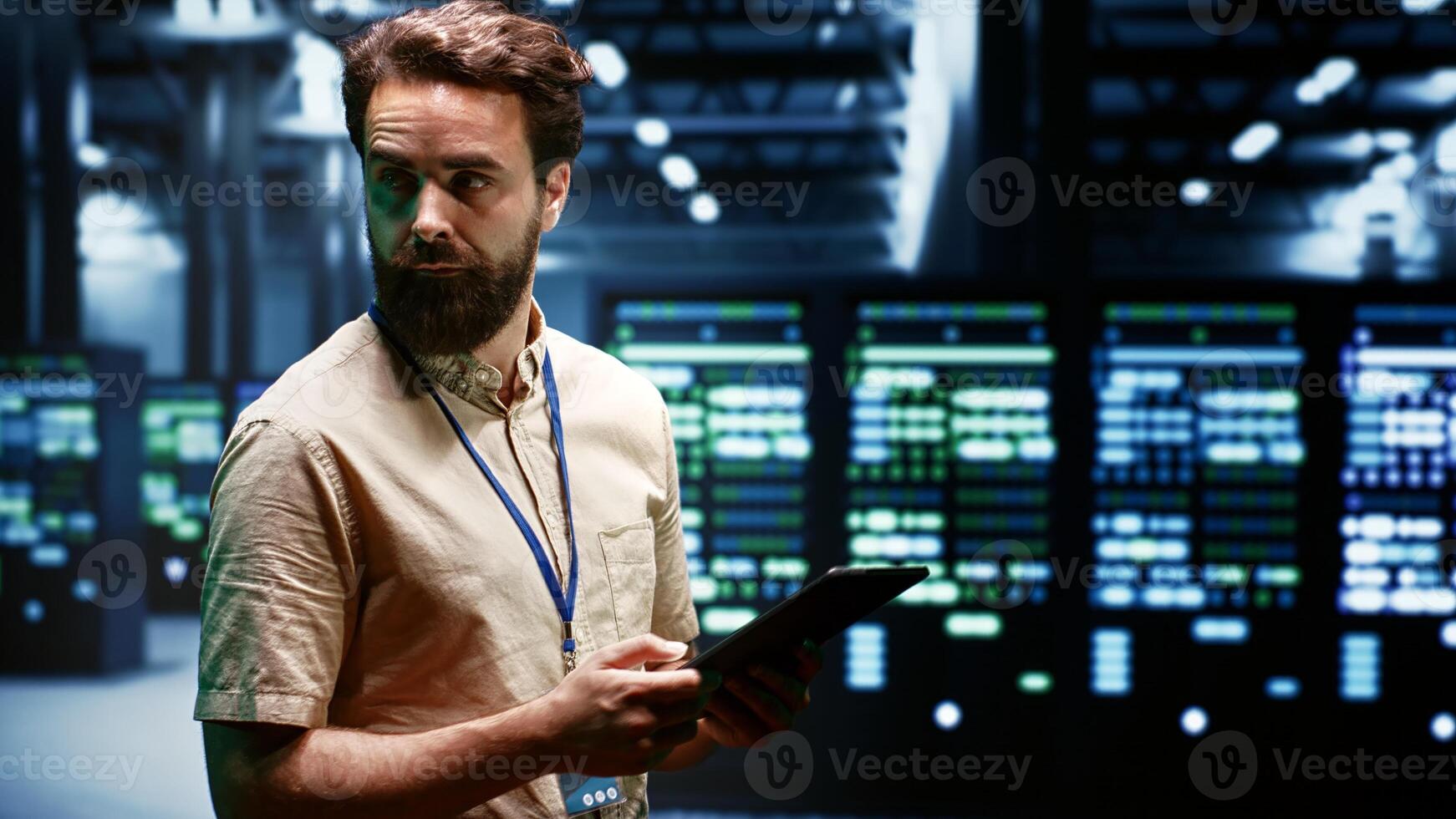 Technician in high tech facility using renewable hydro energy sources to power cryptocurrency farming operations. Specialist working with eco friendly server rigs preventing environmental impact photo