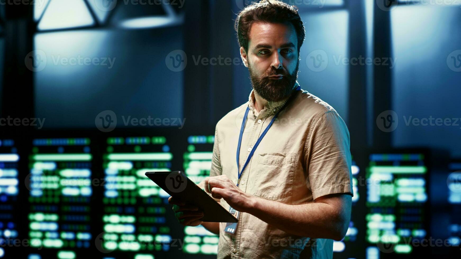 Engineer doing monitoring in server hub responsible with intense data computations demanding high capacity, scalable, error free network to effectively support artificial intelligence workloads photo