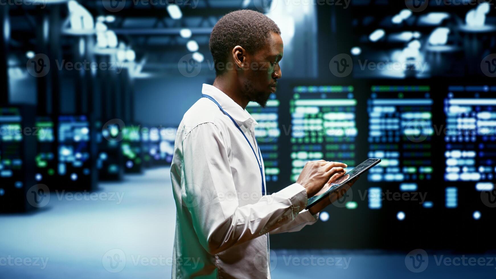 Repairman doing annual checkup in blockchain technology application specific integrated circuit supercomputer establishment. System administrator doing technical investigations in mining farm photo