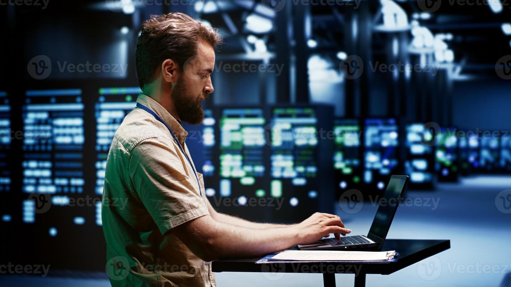 Computer scientist typing cloud computing service business disaster recovery plan on laptop to provide quick restoration of service, limiting downtime and minimizing interruptions to normal operations photo