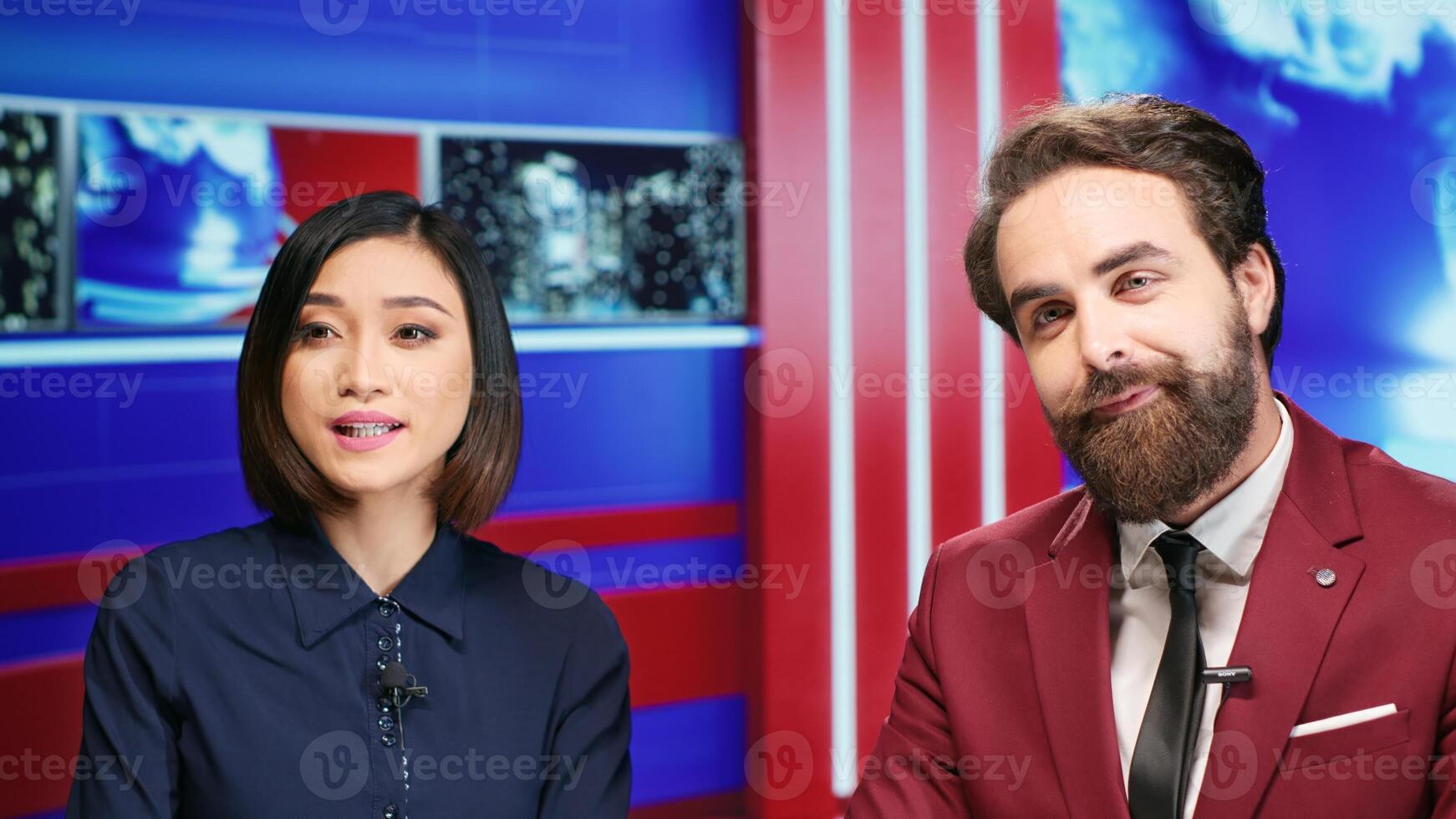 Journalists present morning show at sunrise, debating news topics from around the world. Diverse media reporters hosting breakfast talk show for daily events and breaking news, broadcasting content. photo