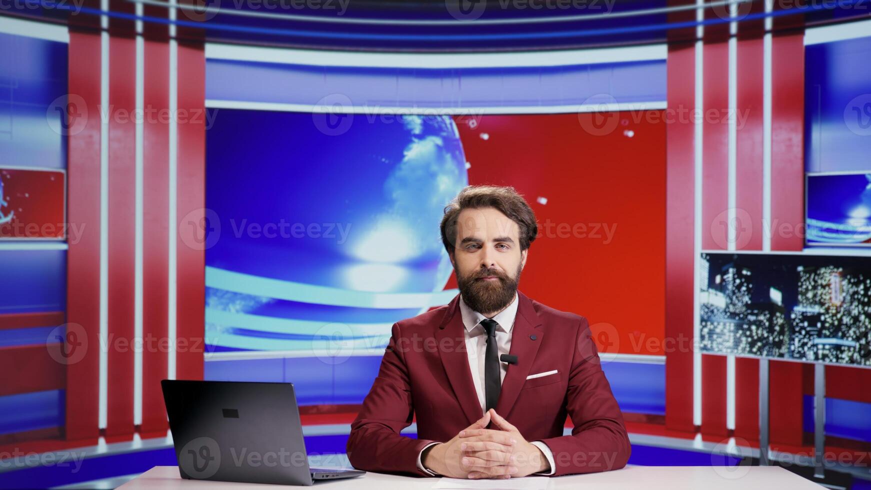 Journalist broadcasting politics news on tv program, presenting updates and commentaries on international television. Young tv broadcaster talking about world informations and scandals. photo