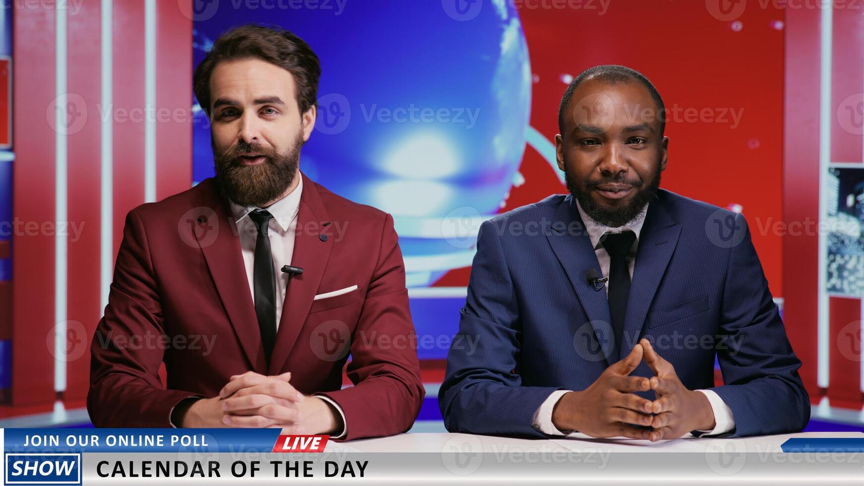 Diverse men hosting morning show live in news studio, team of reporters presenting global events on television program. Two coworkers doing breakfast tv segment to broadcast news. photo
