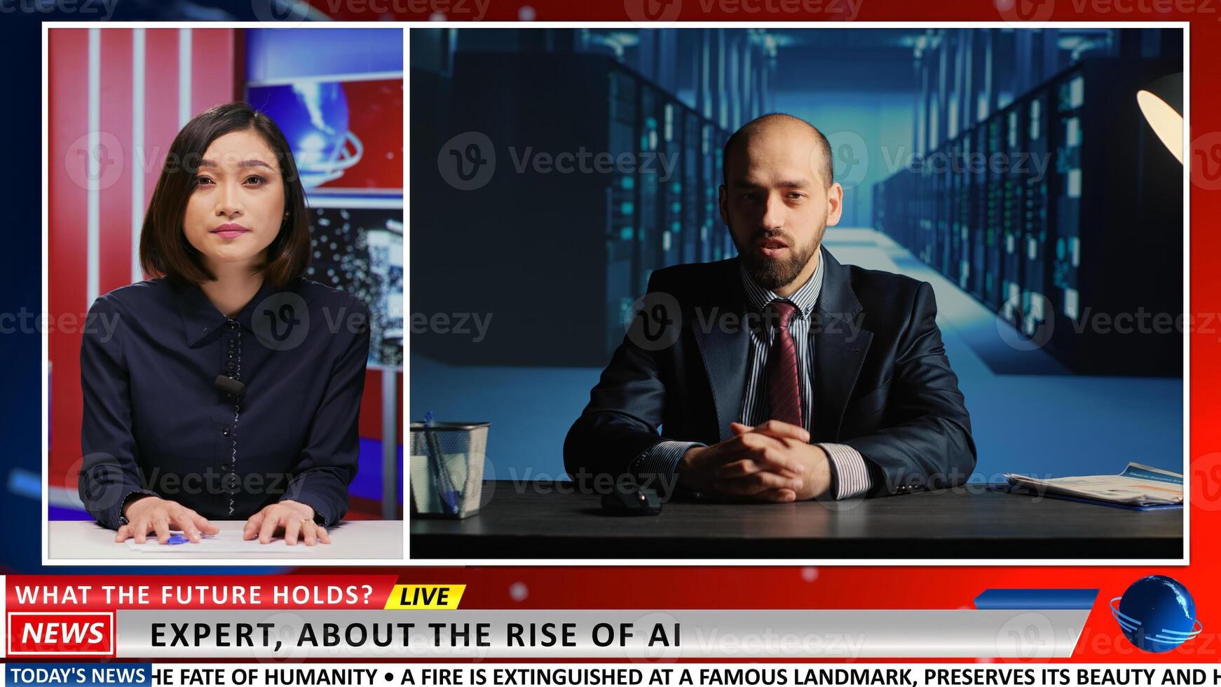 Expert show host and guest on AI topic, discussing about artificial intelligence revolution and development amongst business companies. Journalist and specialist on live connection talking. photo