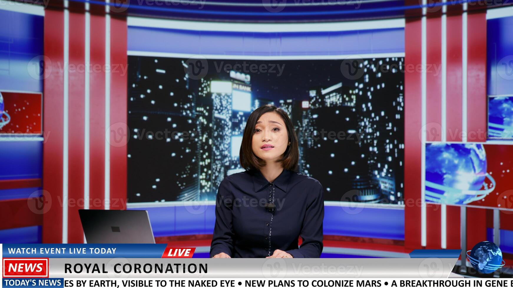 TV broadcaster talks about royal coronation and presents important event followed by people worldwide. Asian presenter going live on tv program to introduce new king, late night monarchy news. photo