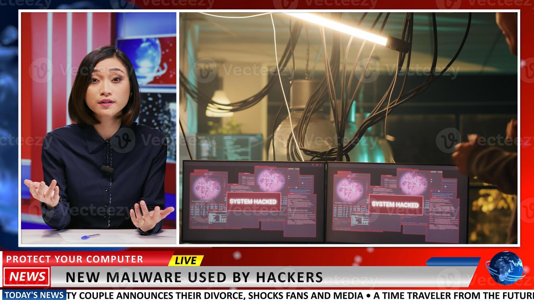 Media presenter addresses hacking attack issues, talking about thieves and malware danger online. Asian journalist presenting criminal activity on internet, international breaking news. photo