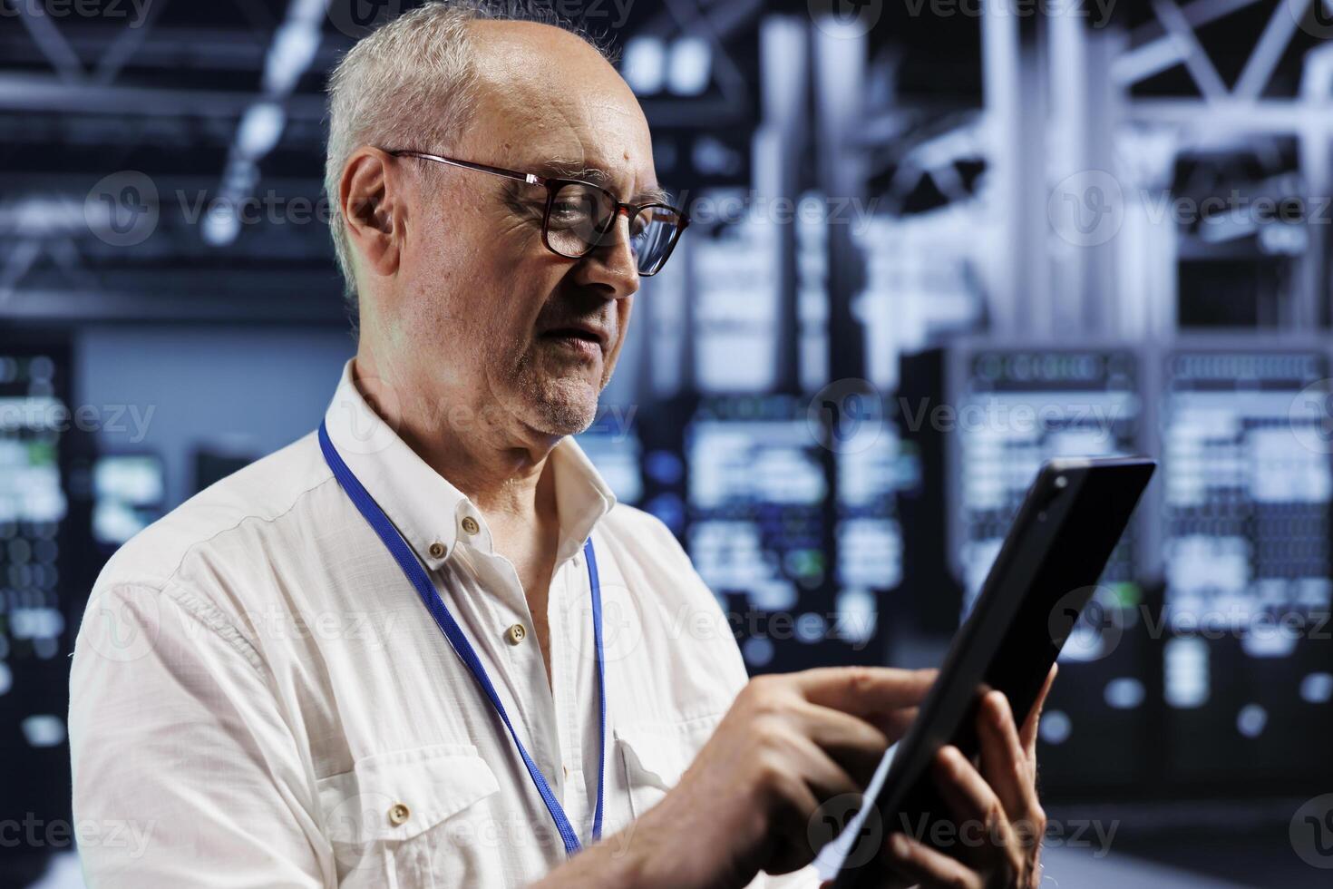 Meticulous repairman in crypto mining farm with specialized units using Blockchain technology. Fintech specialist holding clipboard, inspecting asic blade servers solving hashing operations photo