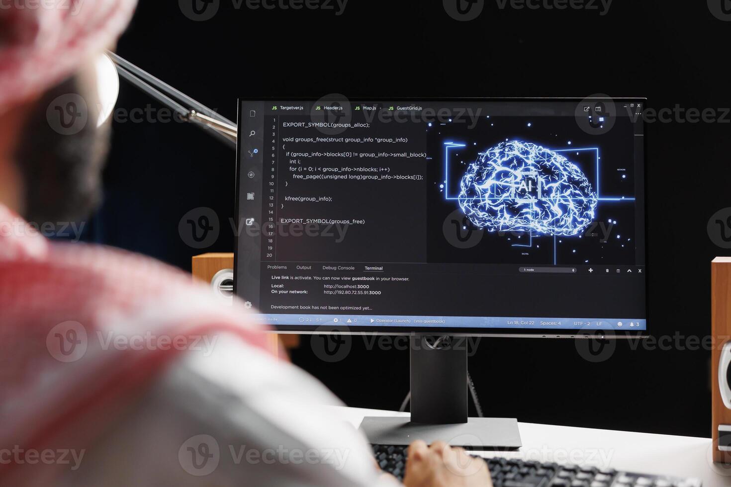 Detailed image of an Arab man using AI and machine learning, ensuring cybersecurity and developing software for computing. monitoring a network of interconnected systems. Close-up shot. photo