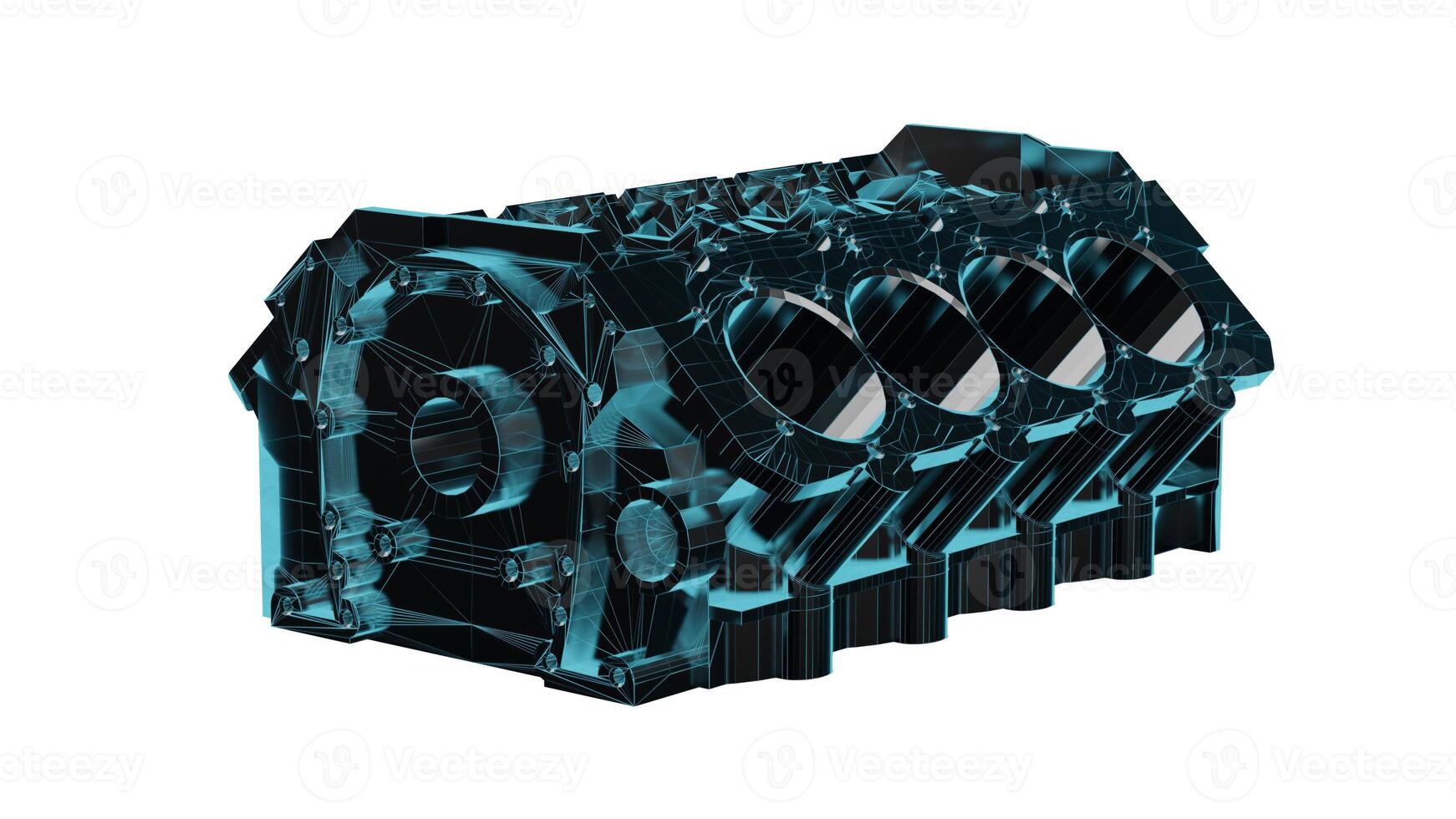 Close up detailed fully textured 3D render over white background of car engine cylinder block with pistons, cranks, valves and other mechanical components offering high performance photo