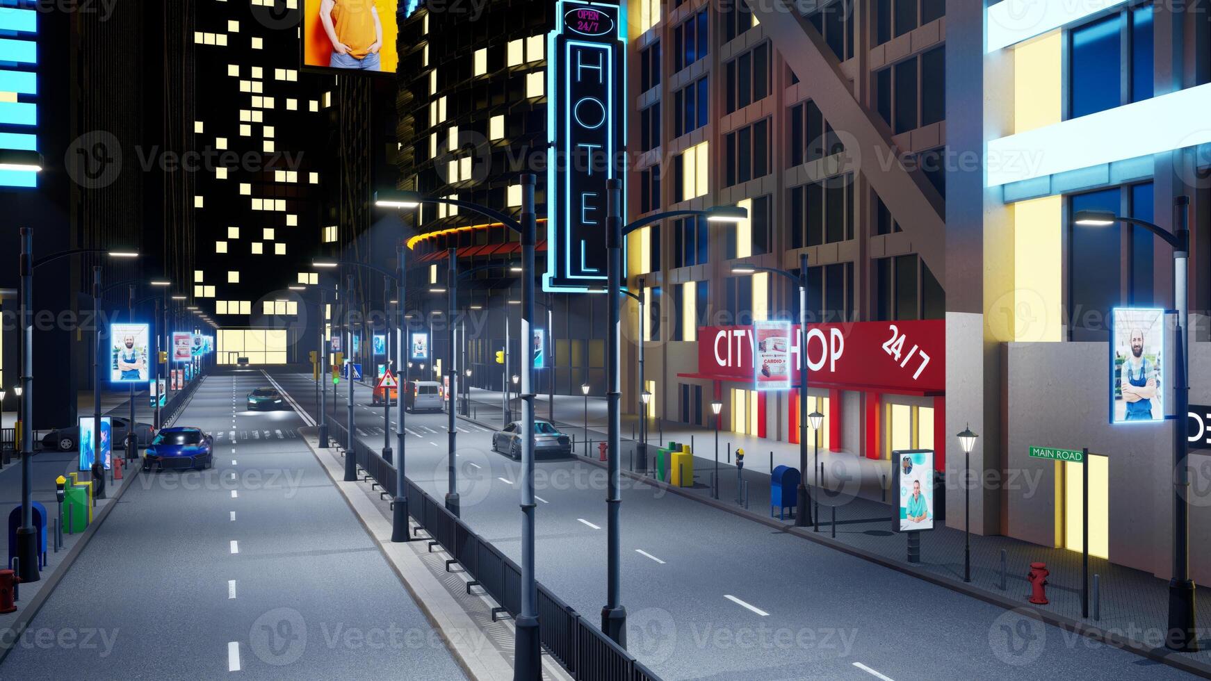 Nighttime downtown city roads with cars in motion driving past businesses opened non stop. Urban cityscape with promenades illuminated by neon signs at night, 3d render animation photo