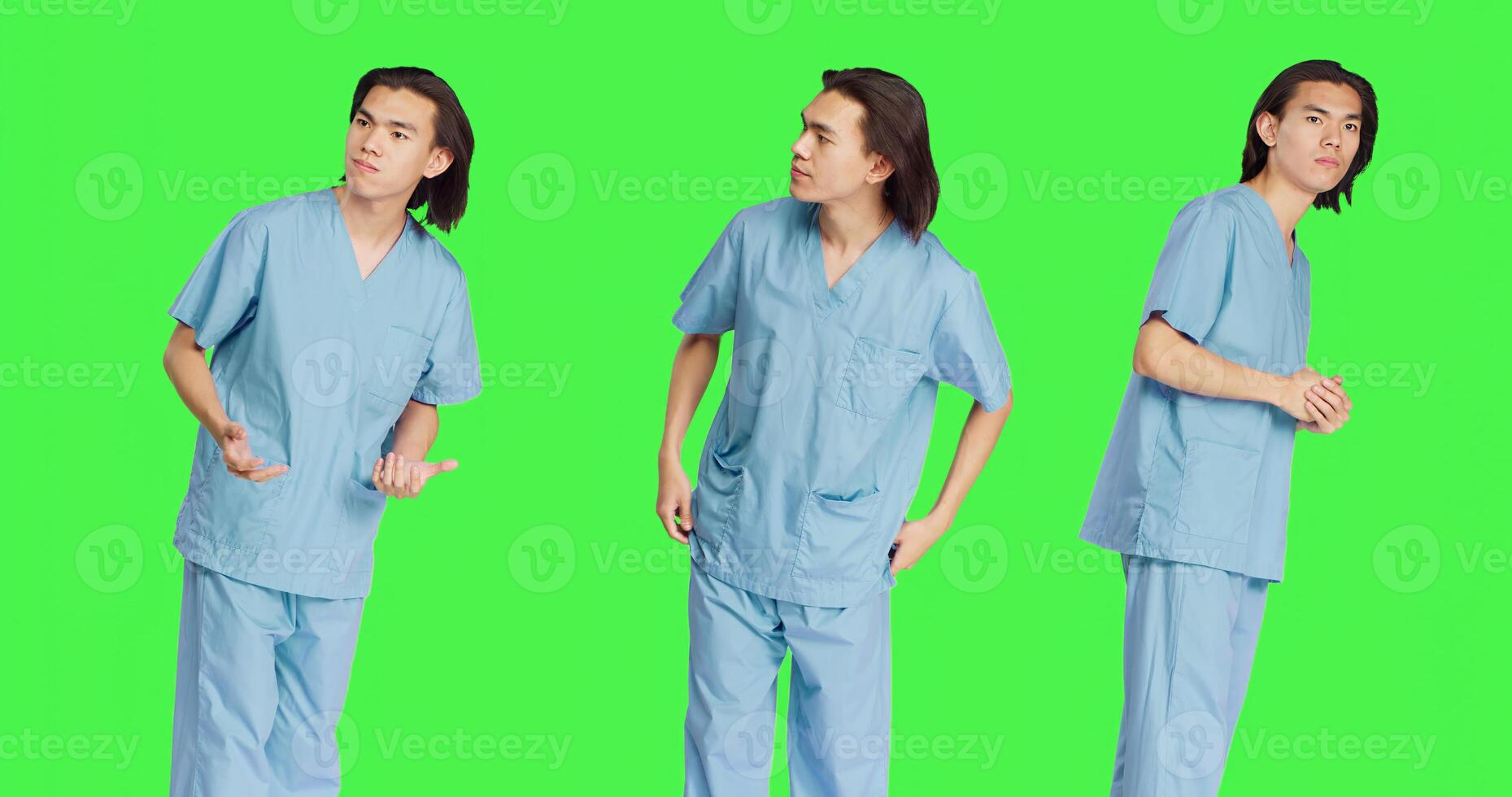 Medical nurse waiting and searching for something over greenscreen backdrop, wearing uniform and being impatient. Specialist with healthcare skill and expertise posing in studio. photo