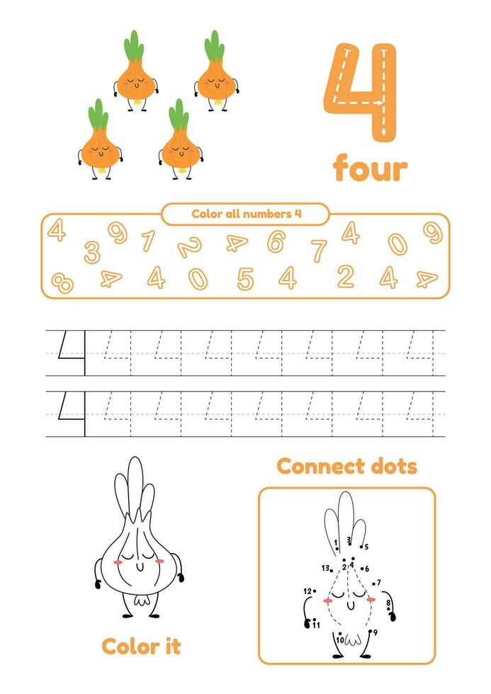 Color page, dot to dot, trace. Learning number 4. Many games on one