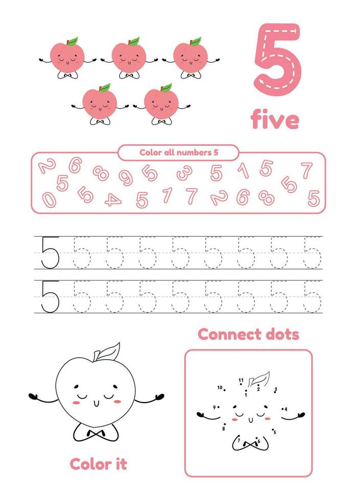 Color page, dot to dot, trace. Learning number 5. Many games on one page for preschool kids. vector