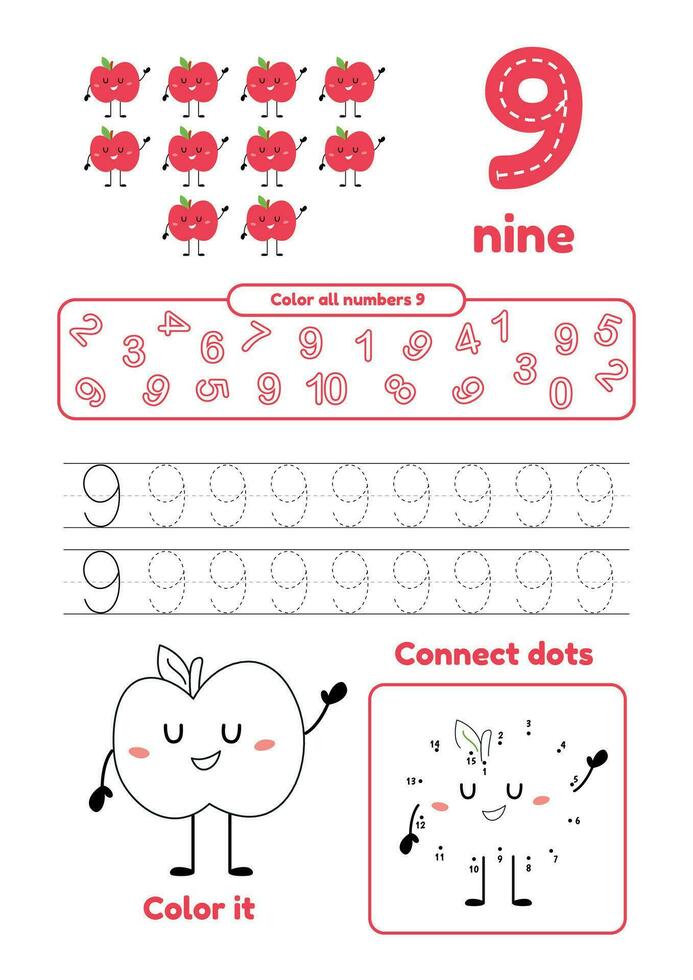 Color page, dot to dot, trace. Learn number 9. Many games on one page for preschool kids. vector