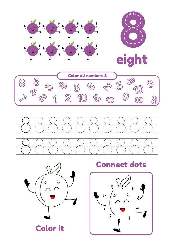 color página, punto a punto, rastro. aprender número 8. muchos juegos en uno página para preescolar niños. vector