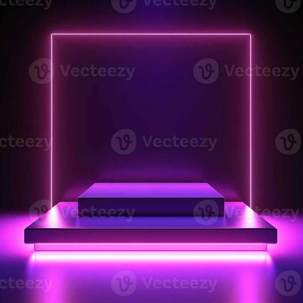 AI generated Empty podium with square on square and neon line gradient on podium and purple light on background. photo