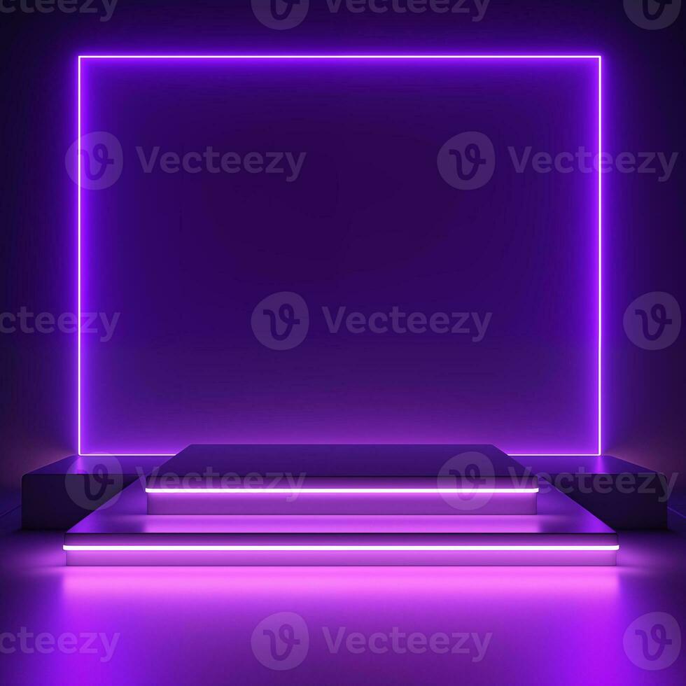 AI generated Empty podium with square on square and neon line gradient on podium and purple light on background. photo