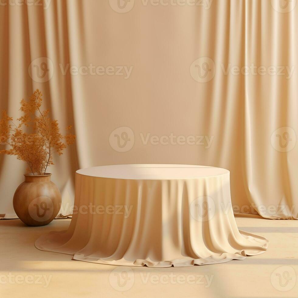 AI generated Empty round podium with background covered with beige cloth. Stand against the background of beige silk fabric curtains. photo