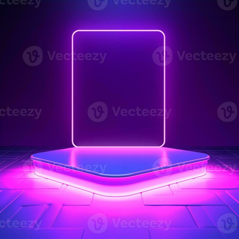 AI generated Empty podium with square on square and neon line gradient on podium and purple light on background. photo