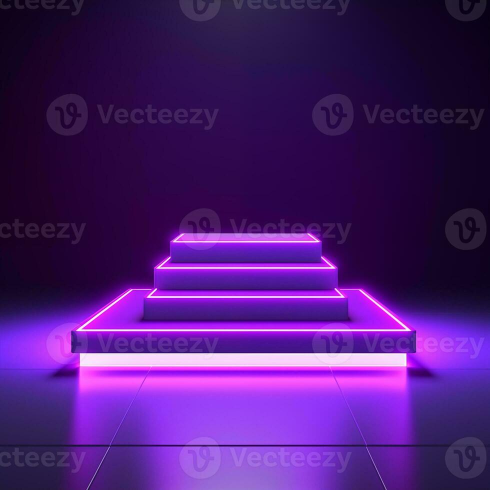 AI generated Empty podium with square on square and neon line gradient on podium and purple light on background. photo