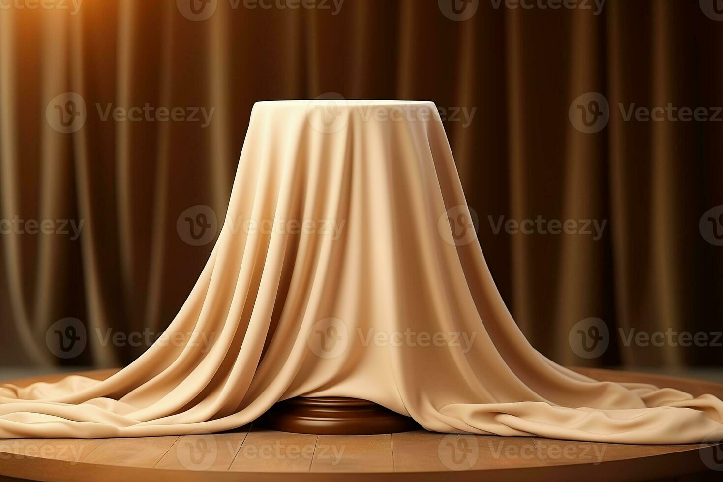 AI generated Empty round podium with background covered with beige cloth. Stand against the background of beige silk fabric curtains. photo