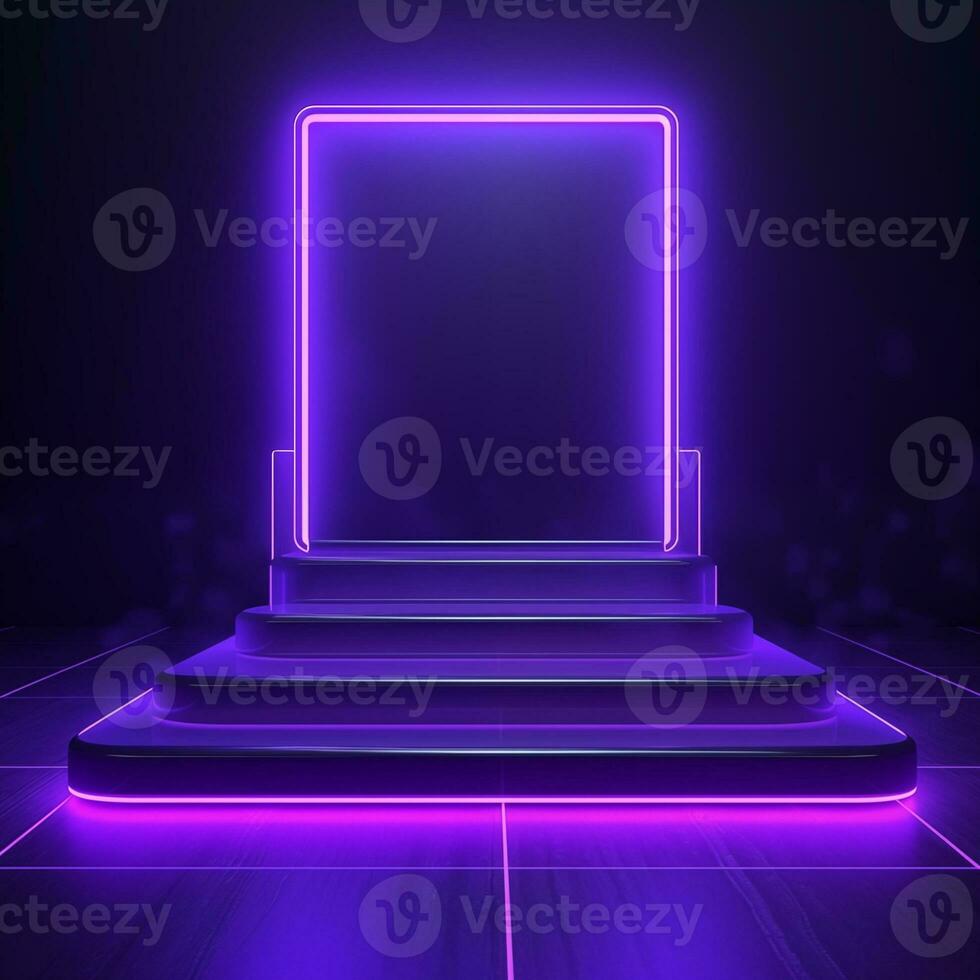 AI generated Empty podium with square on square and neon line gradient on podium and purple light on background. photo