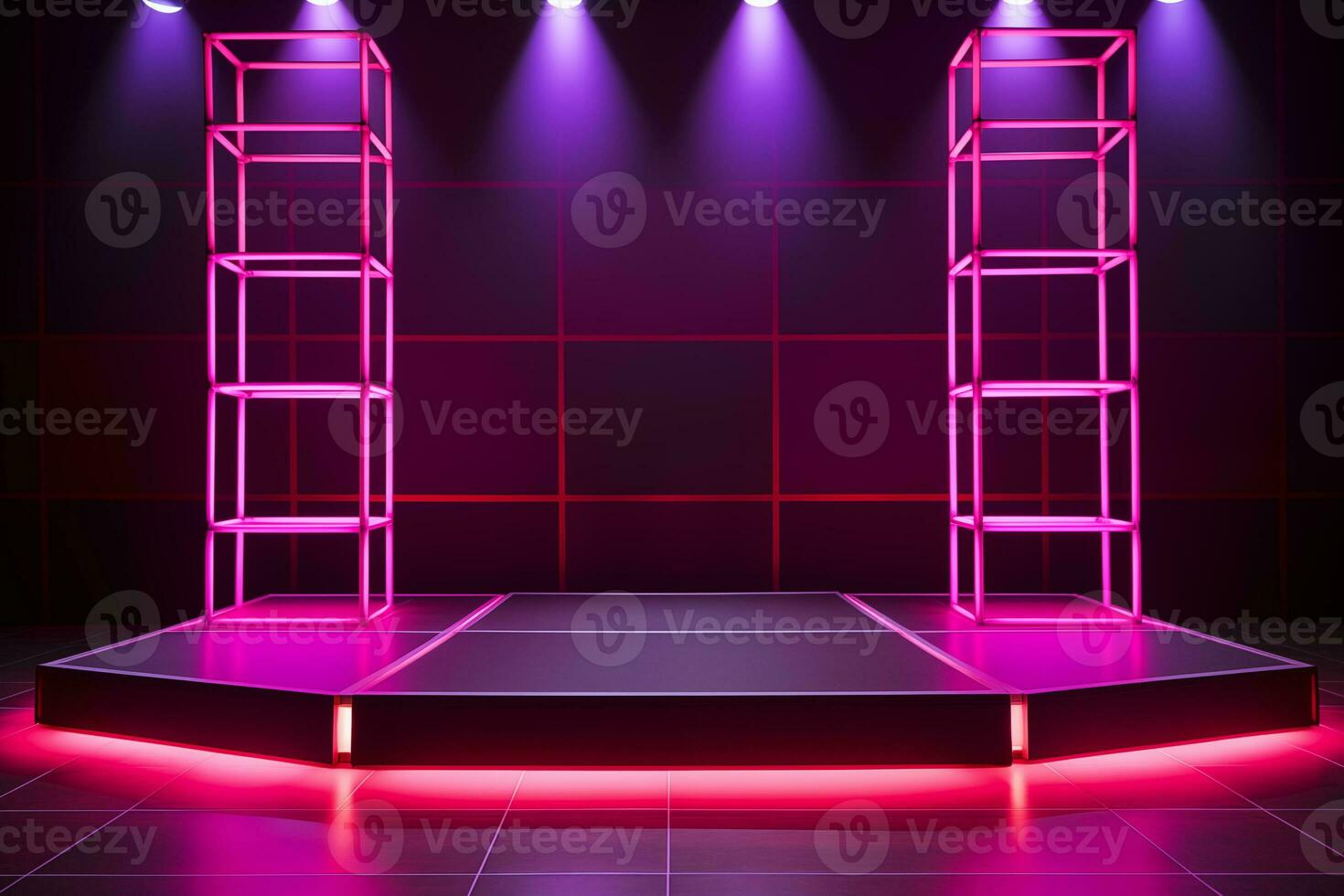 AI generated Empty podium with square on square and neon line gradient on podium and purple light on background. photo