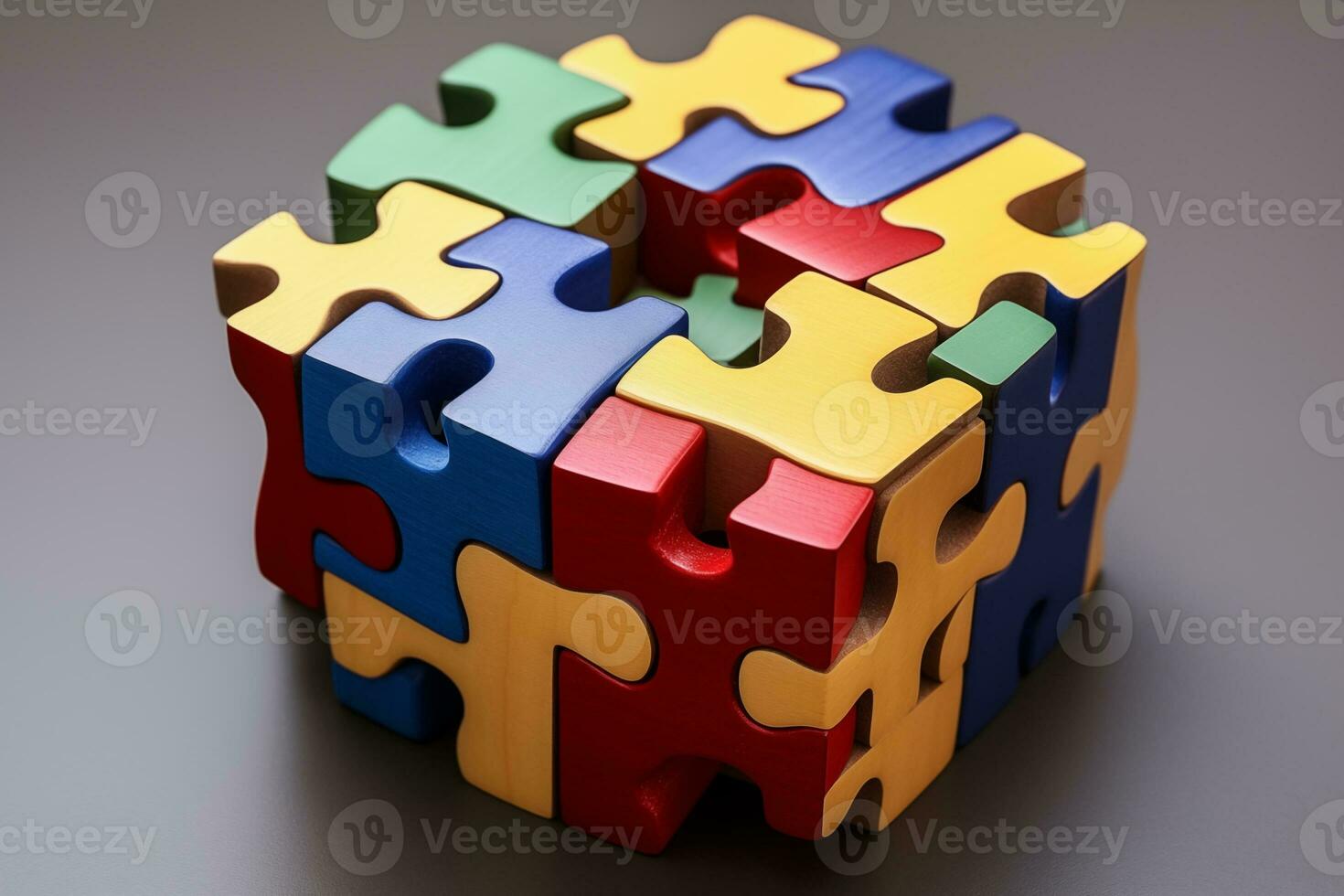 AI generated The symbol of autism is a multicolored puzzle in the form of a heart in the hands of caring parents photo