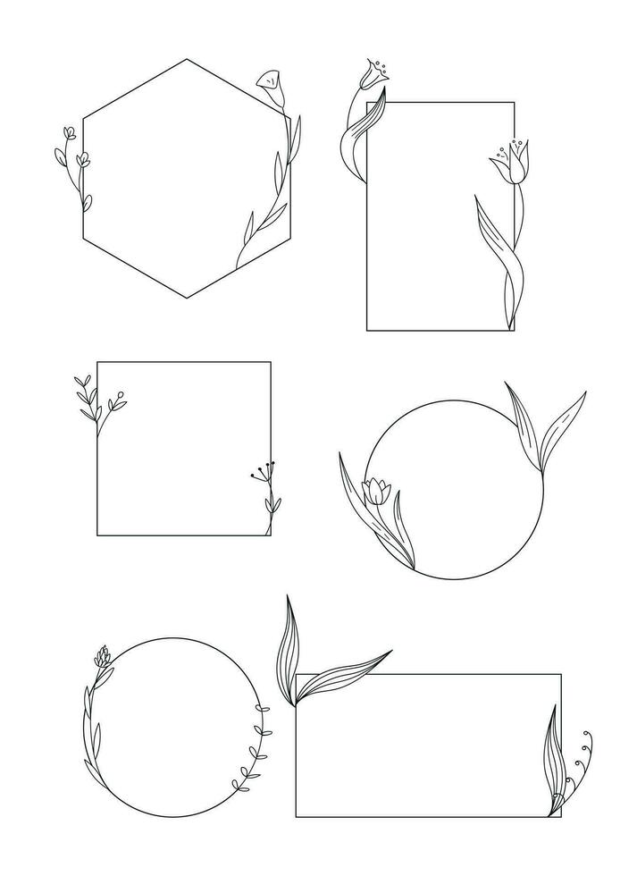 Set of elegant templates with hand drawn botanical elements. Different geometric shaped frames with flowers. Vector illustration