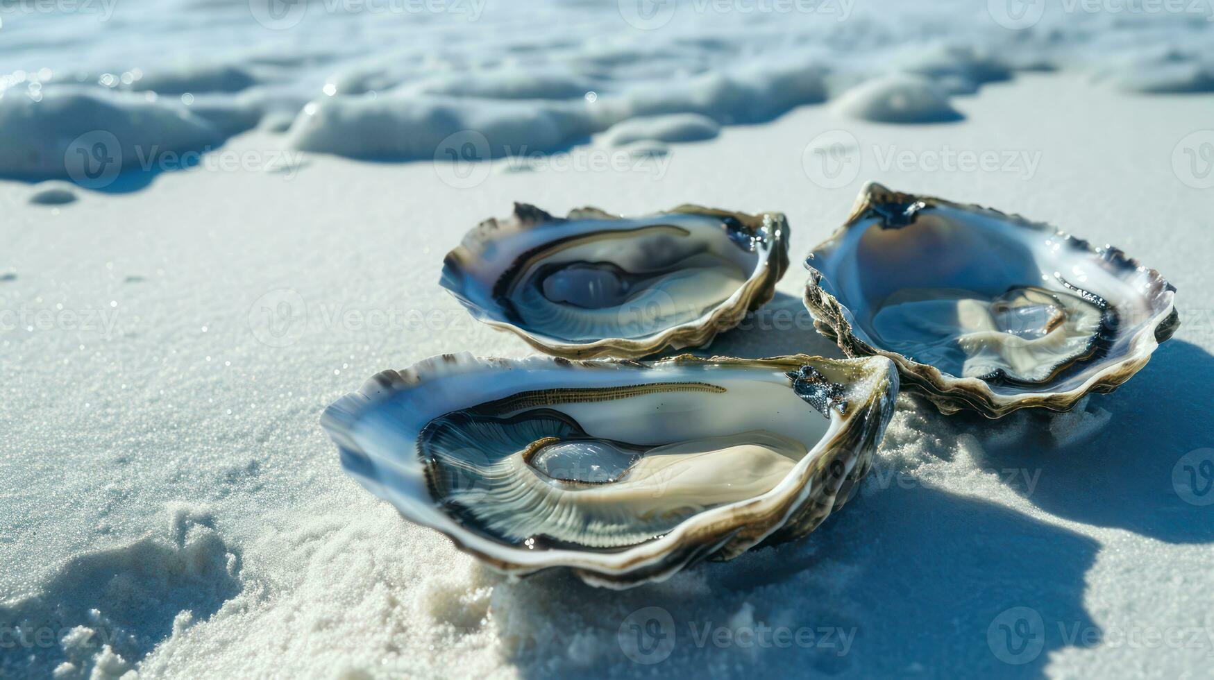 AI generated Fresh raw oysters on white sand. Generative AI photo