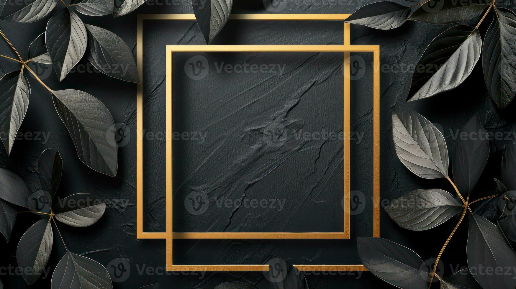 AI generated Golden black leaves and square frame on grunge abstract background. Generative AI photo