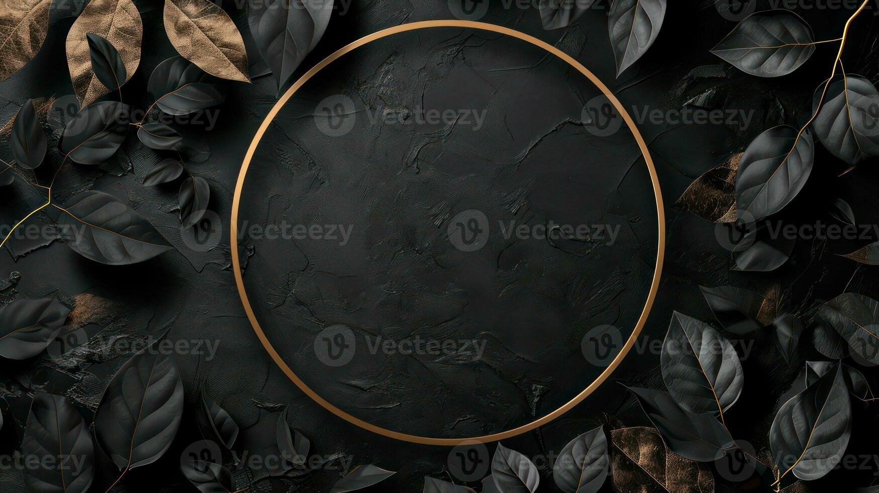 AI generated Golden black leaves and circle frame on grunge abstract background. Generative AI photo