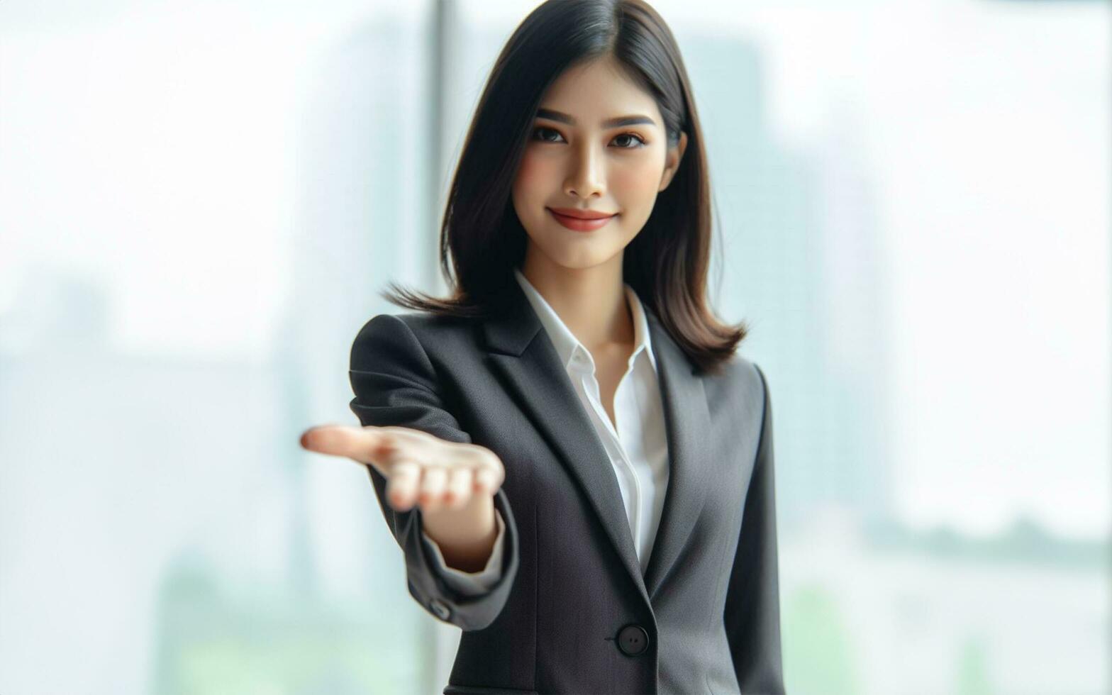 AI generated Business woman extends her hand forward Extend your arms to invite business success concept Blurred work background photo