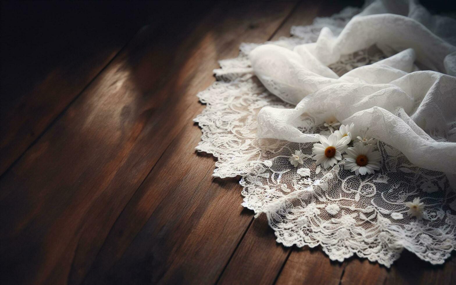 AI generated White lace fabric on a wooden background. Warm and gentle feminine background concept. photo
