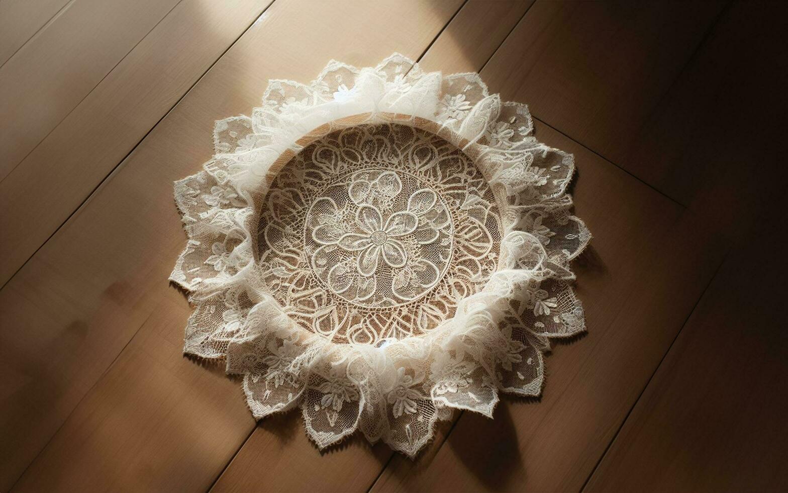 AI generated White lace fabric on a wooden background. Warm and gentle feminine background concept. photo