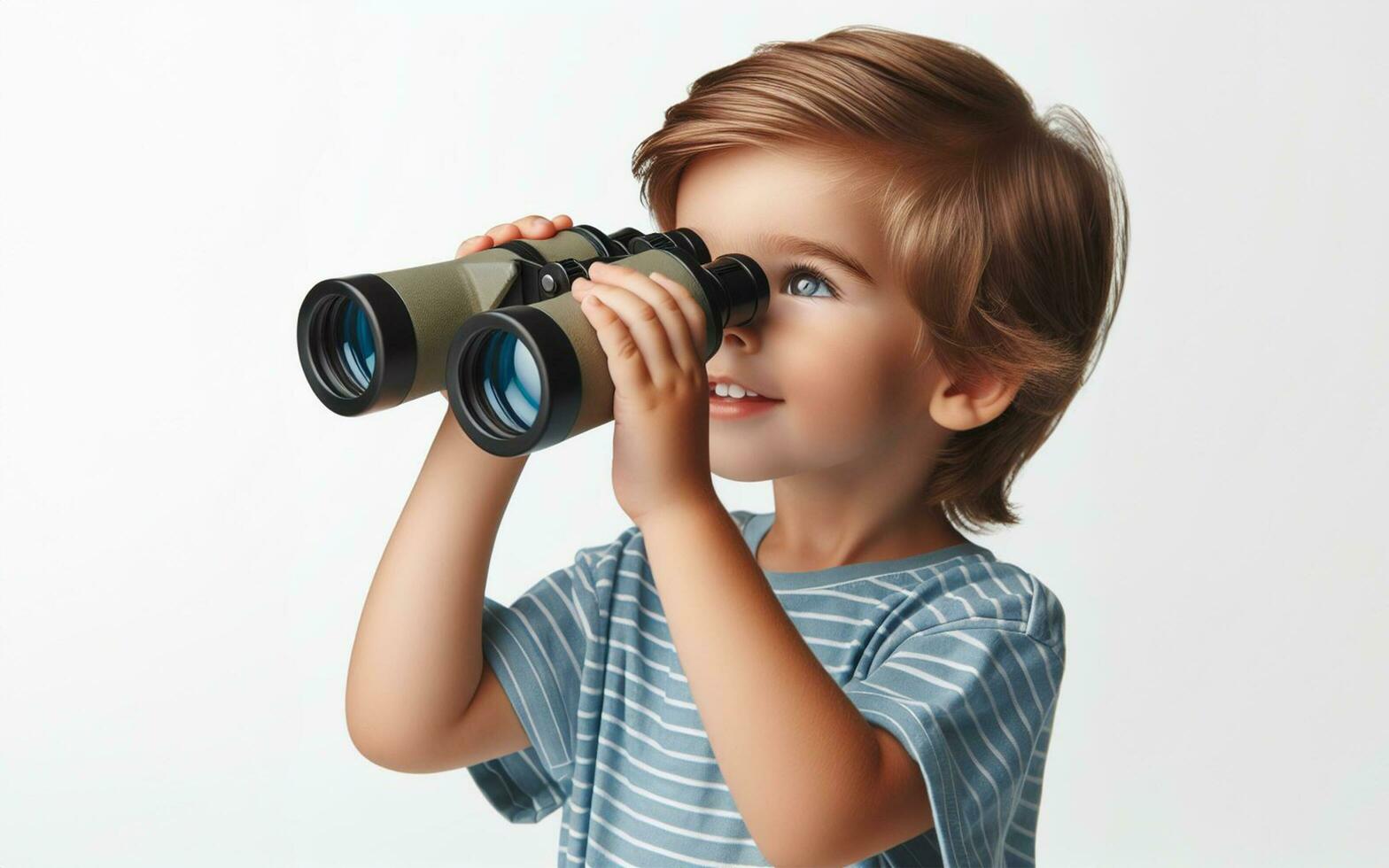 AI generated Child holding binoculars. White background. Travel concept of growing child. photo