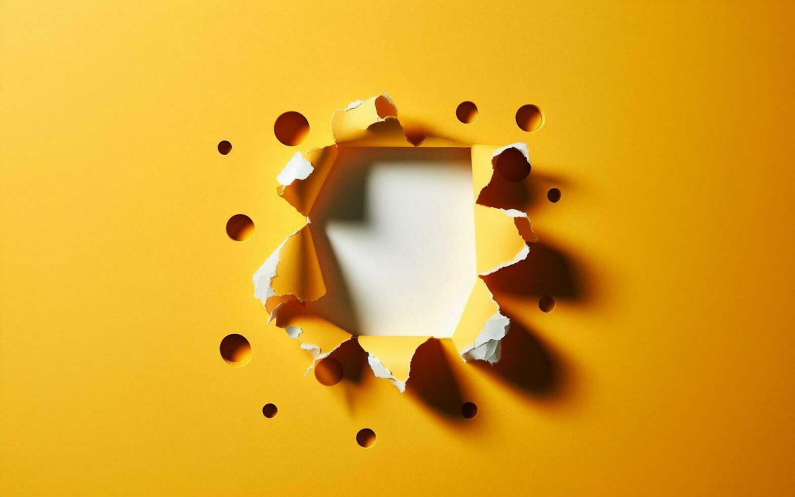 AI generated Yellow paper with holes punched Through a circle, you can see the ground below. photo