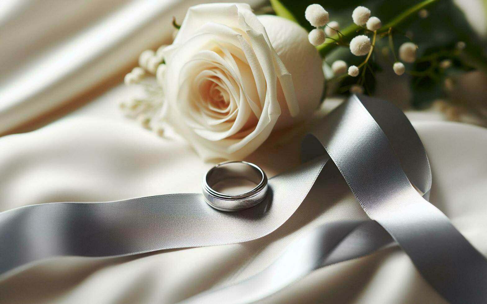 ai generado Boda anillos, diamante anillos, cintas y rosas antecedentes demostración amor en San Valentín día foto