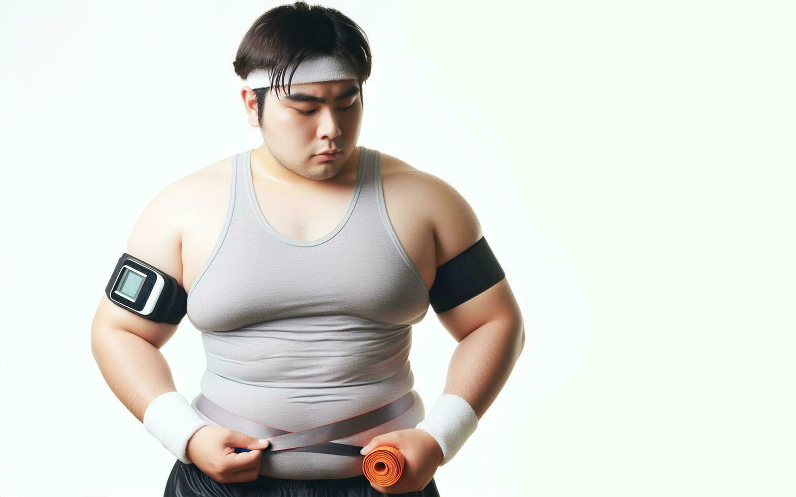 AI generated Fat man exercising People weighing 100 kilograms enter the fitness center, white background photo