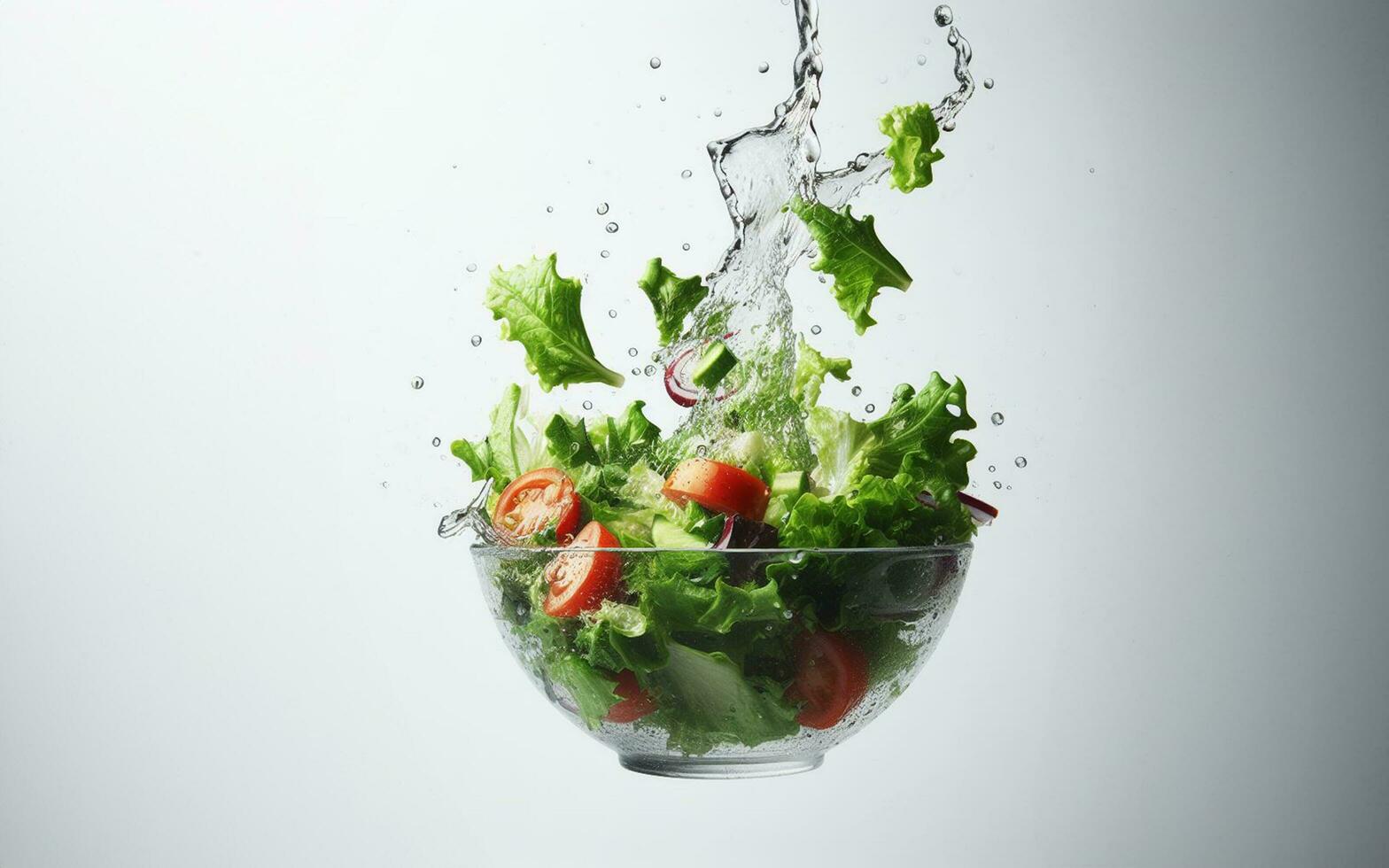 Vegetable salad with splashes of juice Green vegetables in a glass bowl flying in the air and water splashing on a white background photo