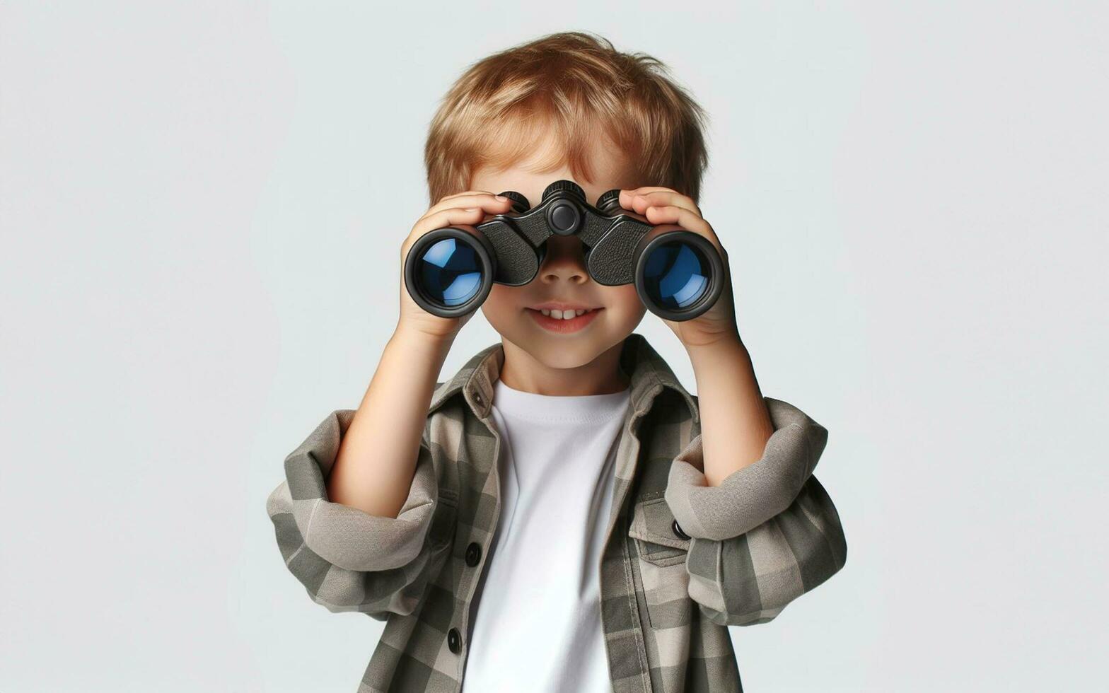 AI generated Child holding binoculars. White background. Travel concept of growing child. photo