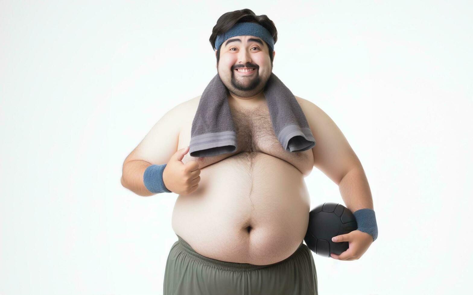 AI generated Fat man exercising People weighing 100 kilograms enter the fitness center, white background photo