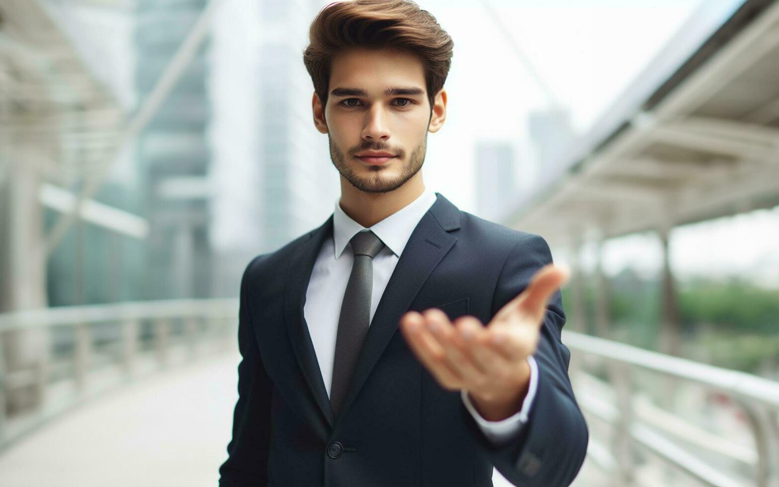 AI generated Male businessman extends his hand forward Extend your arms to invite business success concept Blurred work background photo