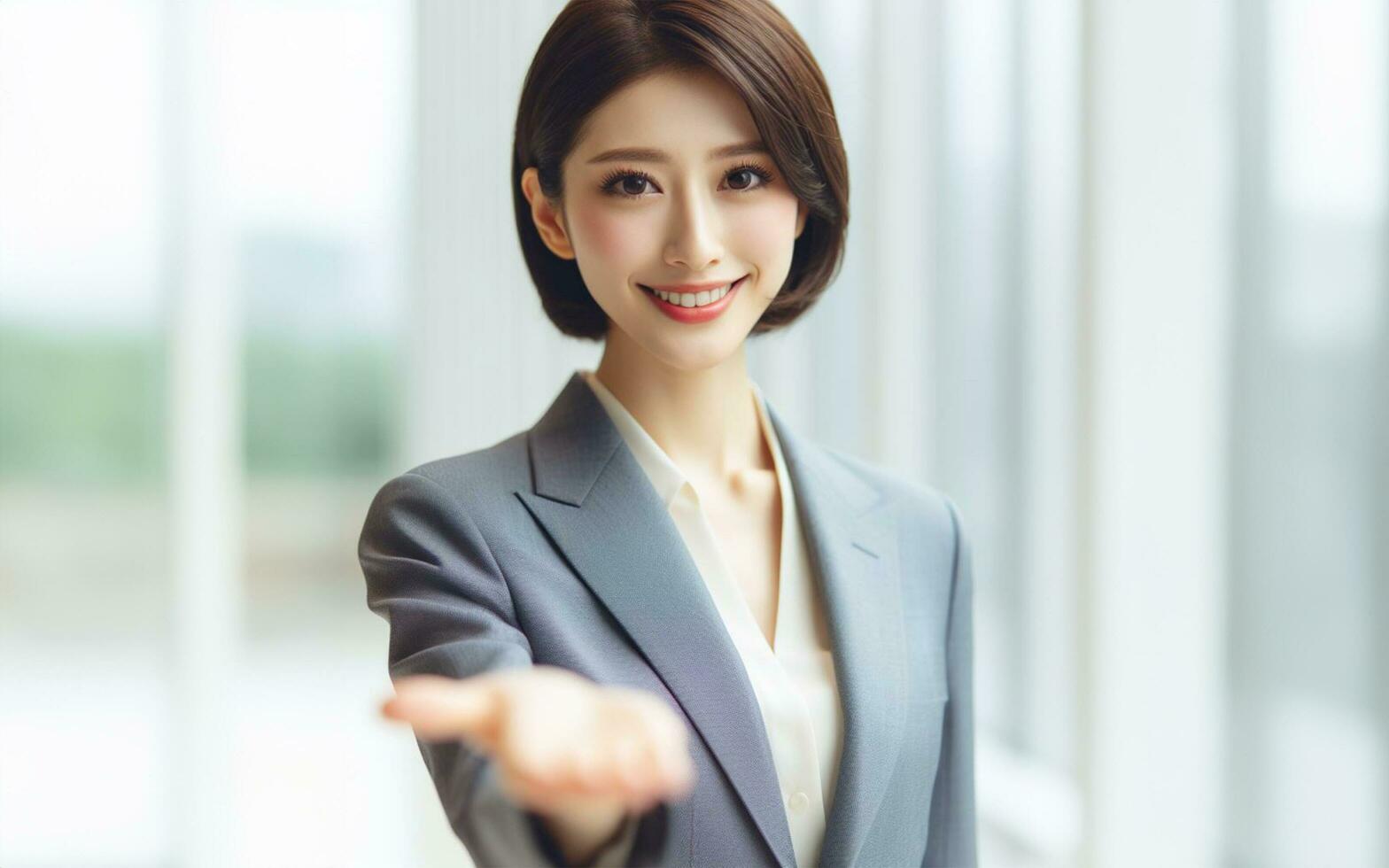 AI generated Business woman extends her hand forward Extend your arms to invite business success concept Blurred work background photo