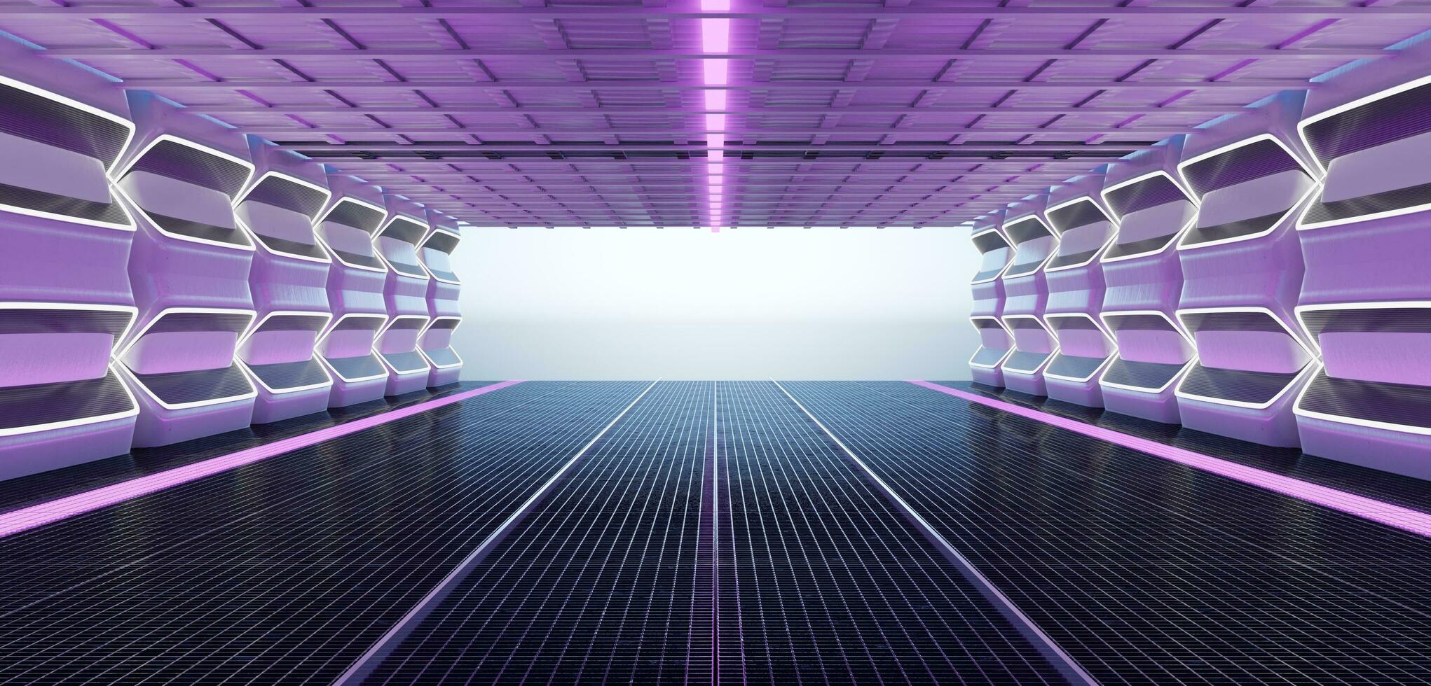 Sci Fi Tunnel PipeTechnology Futuristic Showroom Modern Tunnel Pipeline Floor and Wall of Futuristic Space and Exhibition Room Corridor 3D Illustration photo