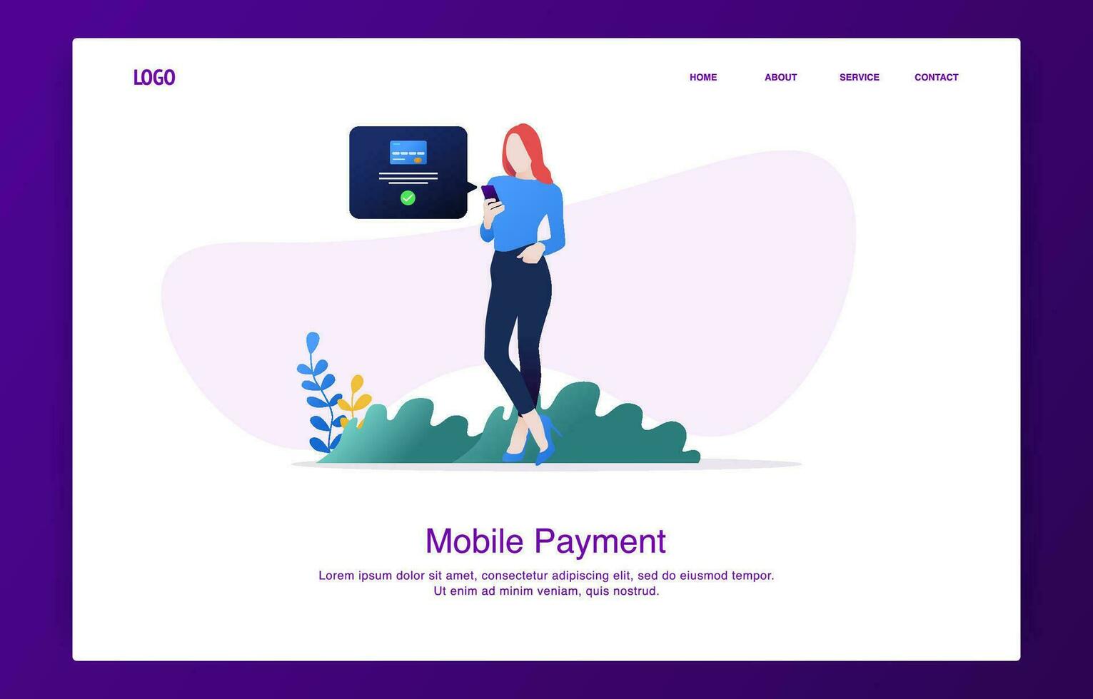 Woman standing while making credit card payments via smartphone vector