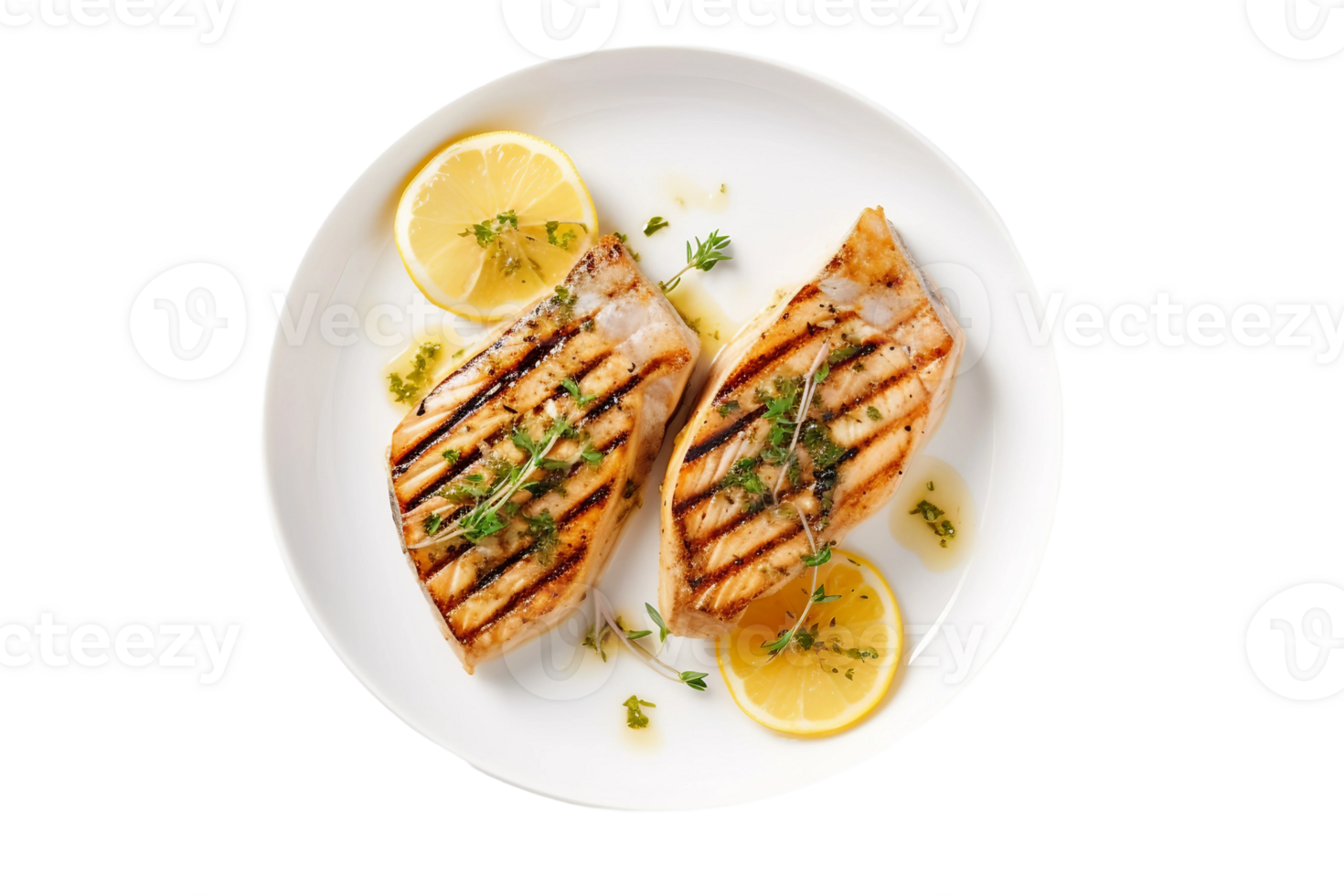 AI generated Grilled Swordfish Steak with Lemon and Herbs on transparent background. png